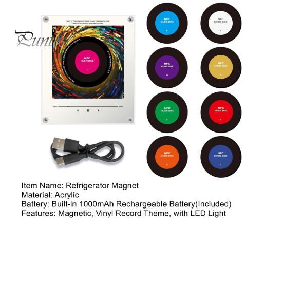Home Kitchen Music Box Magnetic Refrigerator Player, NFC Enabled Vinyl Record Fridge Magnet, Acrylic Decorative Magnet with Light LED Light,