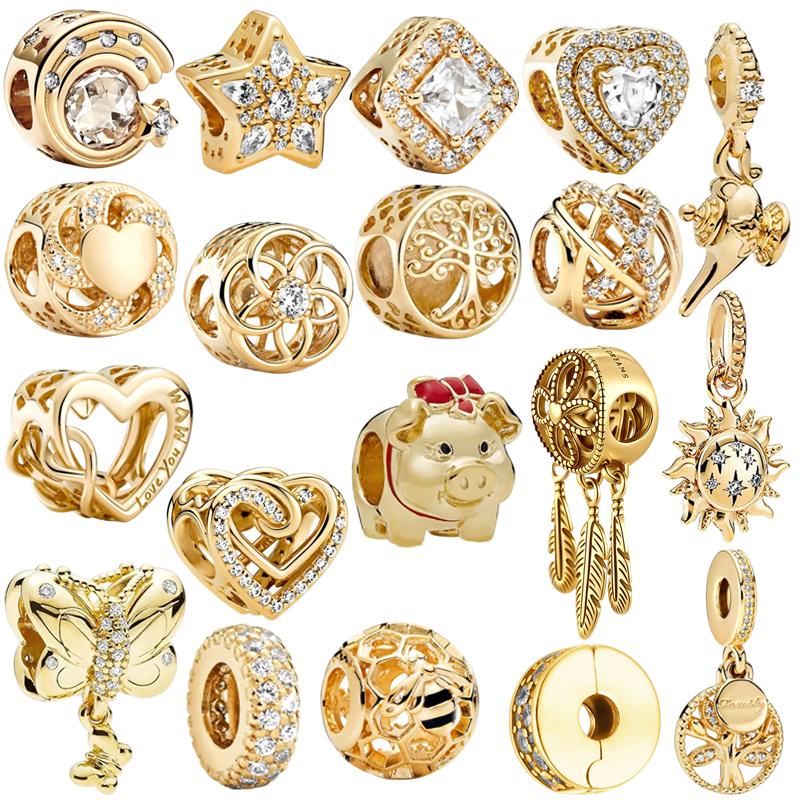 Pingente de Contas com Charme Brilhante Dourado Múltiplas Séries Encaixe em Joias Europeias de Cobre Originais e Fazer DIY Presente Único