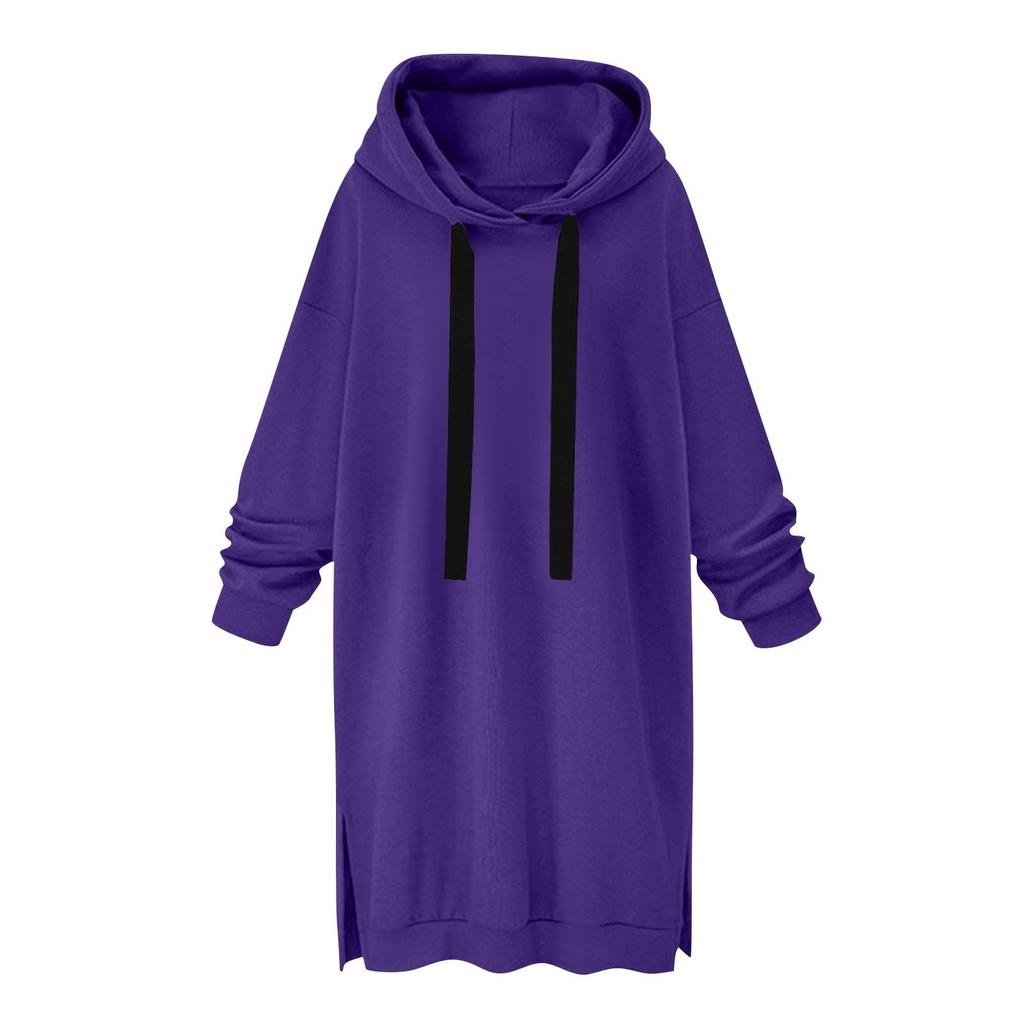 Women's Fashion Casual Sweatshirt Solid Color Long Sleeve Split Hem Long Hoodie