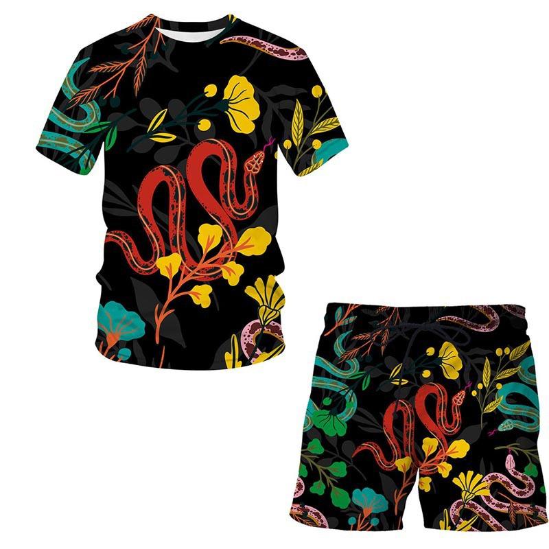 European and American Amazon Summer New Colorful Patterned 3D Print T-shirt Men's Casual Short Sleeve Shorts Short Sleeve Set