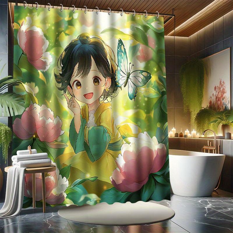 Cartoon Girl Shower Curtain Set, Butterfly & Floral Design, Water-Resistant Polyester, Bathtub Partition,  All-Season