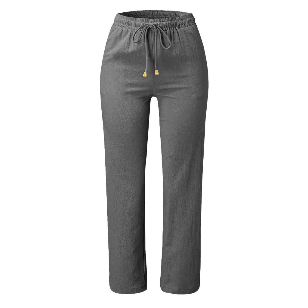GMXIA Spring Summer Solid Color Cotton/linen Loose Drawstring Casual Wide-leg Trousers Women