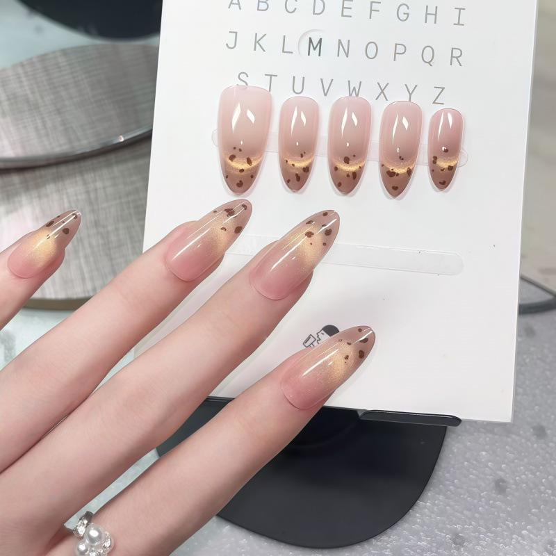 2026 French Leopard Cat Eye Handmade Medium-Long Fake Nails Stickers: Skin-Brightening Luxury Manicure