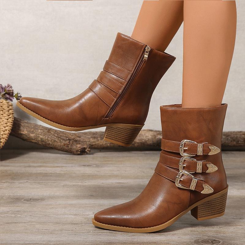 Fashion Chic Metal Buckle Belts Western Boots For Woman Pointed Toe Chunky Heel Ankle Shoes Cowboy Ladies Vintage Brown Leather Botas