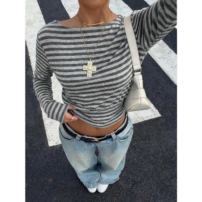 Damen S Gestreiftes Off-Shoulder Langarm Cropped T-Shirt