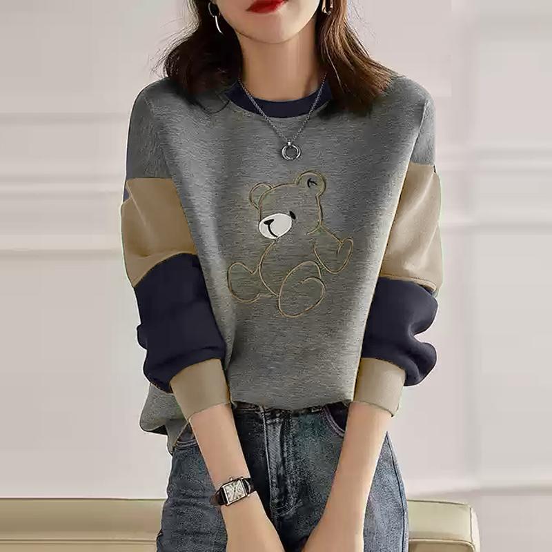 

ZANZEA Женские осенние толстовки с круглым вырезом и длинным рукавом с принтом медведя контрастного цвета 3XL хаки