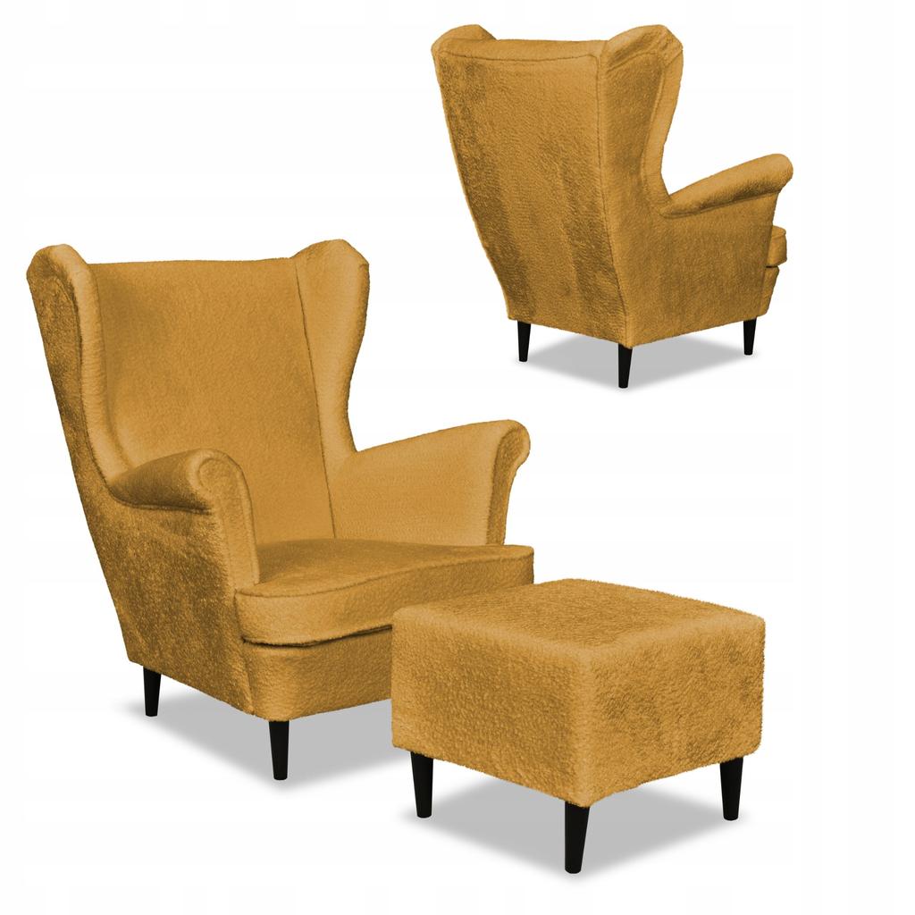 Fotel uszak Bella z podnóżkiem skandynawski Family Meble złoty musztardowy