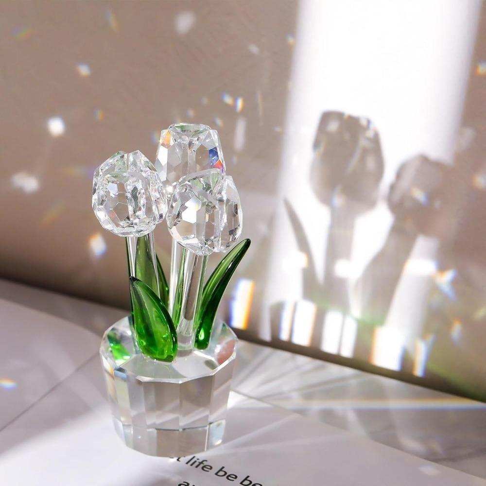 Creative Crystal Tulip Sculpture Colorful Handmade Tulip Bouquet Ornaments Reflect Small Desktop Floral Decorations