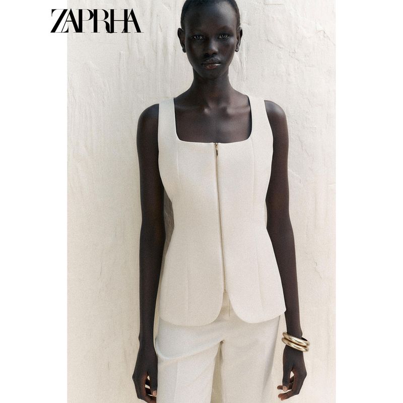 Zaprha 2025 Summer New Elegant Zip-up Corset Square Collar Sleeveless Vest Top 1478430