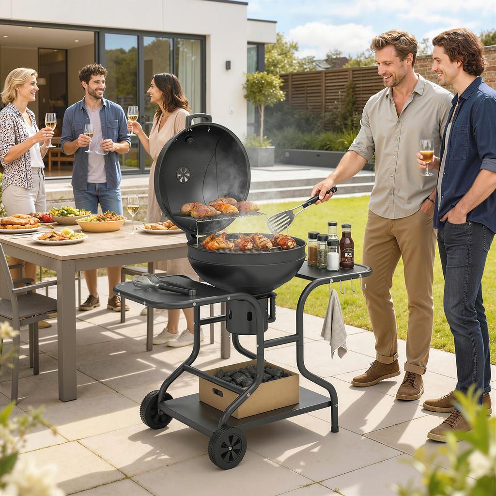 Barbacoa de Carbón Ahumador con Mesas Laterales Tapa Termómetro Ruedas 129 x 63.5 x 106.5 cm