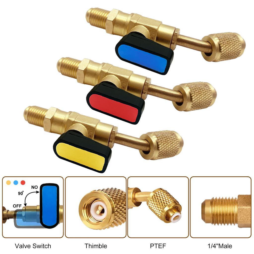 1/4" SAE Male Refrigerant R22 R12 R410a Angled Shut-Off Ball Valve Adapter Air Conditioning Charging Hoses AC Refrigerant Tools