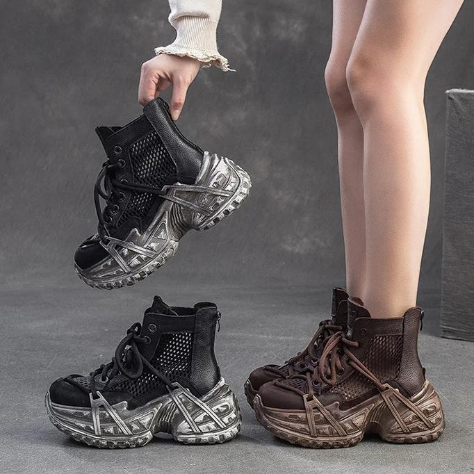 Johnature Vintage Genuine Leather Splicing Mesh Breathable Hollow-out Boots Women's Platform Shoes