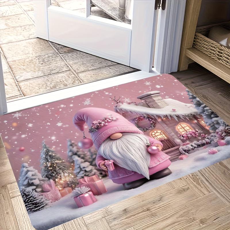 Pink Christmas Gnome Snowy Cabin Gift Ornament Snowflake Flannel Doormat Anti Slip Front Door Mat Holiday Entrance Decor Rug