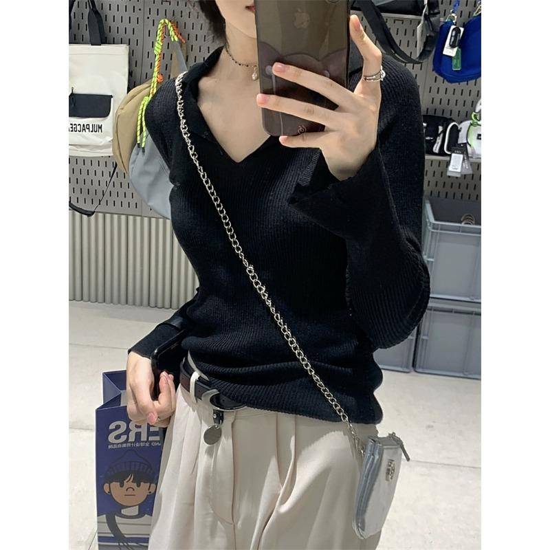 

Spring olo lapel pit strip slim and thin knitted sweater women s age-reducing niche top bottoming shirt L чорний