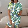 Women Plus Size Round Neck Short Sleeve Tropical Floral Printed Two Piece Shorts Set