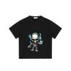 Crewneck T Shirt Black Skull with Headphones and Blue Flames Graphic Print for Casual Wear