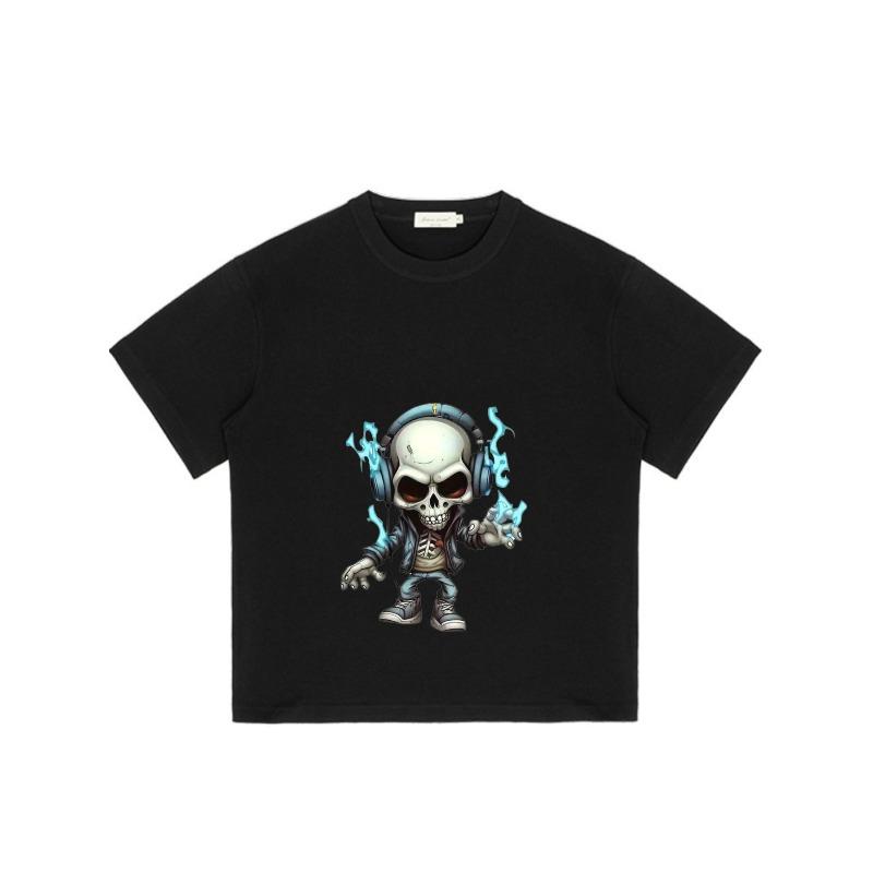 Crewneck T Shirt Black Skull with Headphones and Blue Flames Graphic Print for Casual Wear