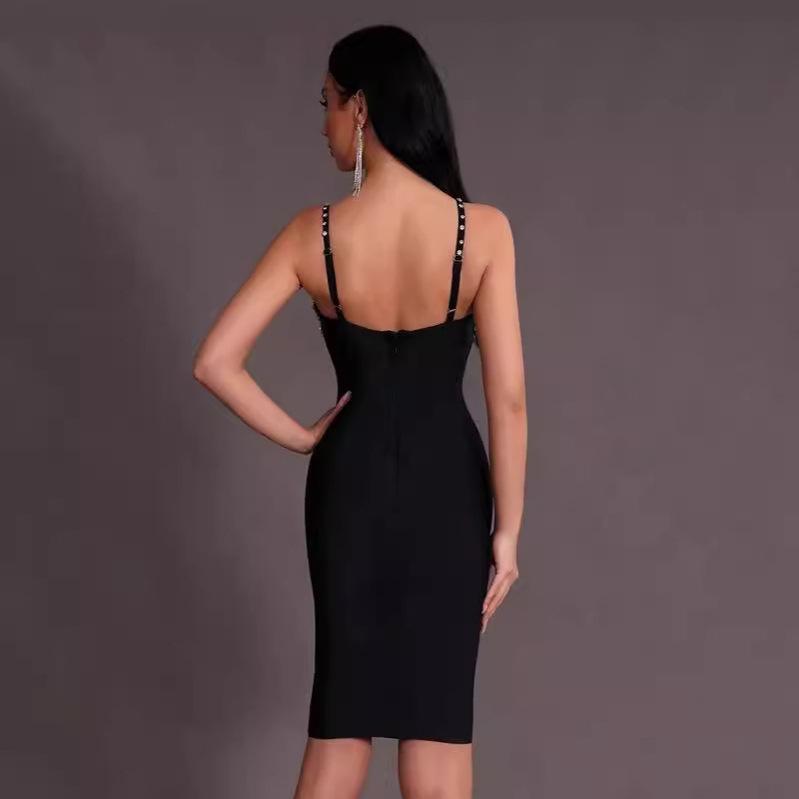 Women's European & American Rhinestone Strap Bodycon Bandage Dress - Sexy Socialite Style Evening Gown.