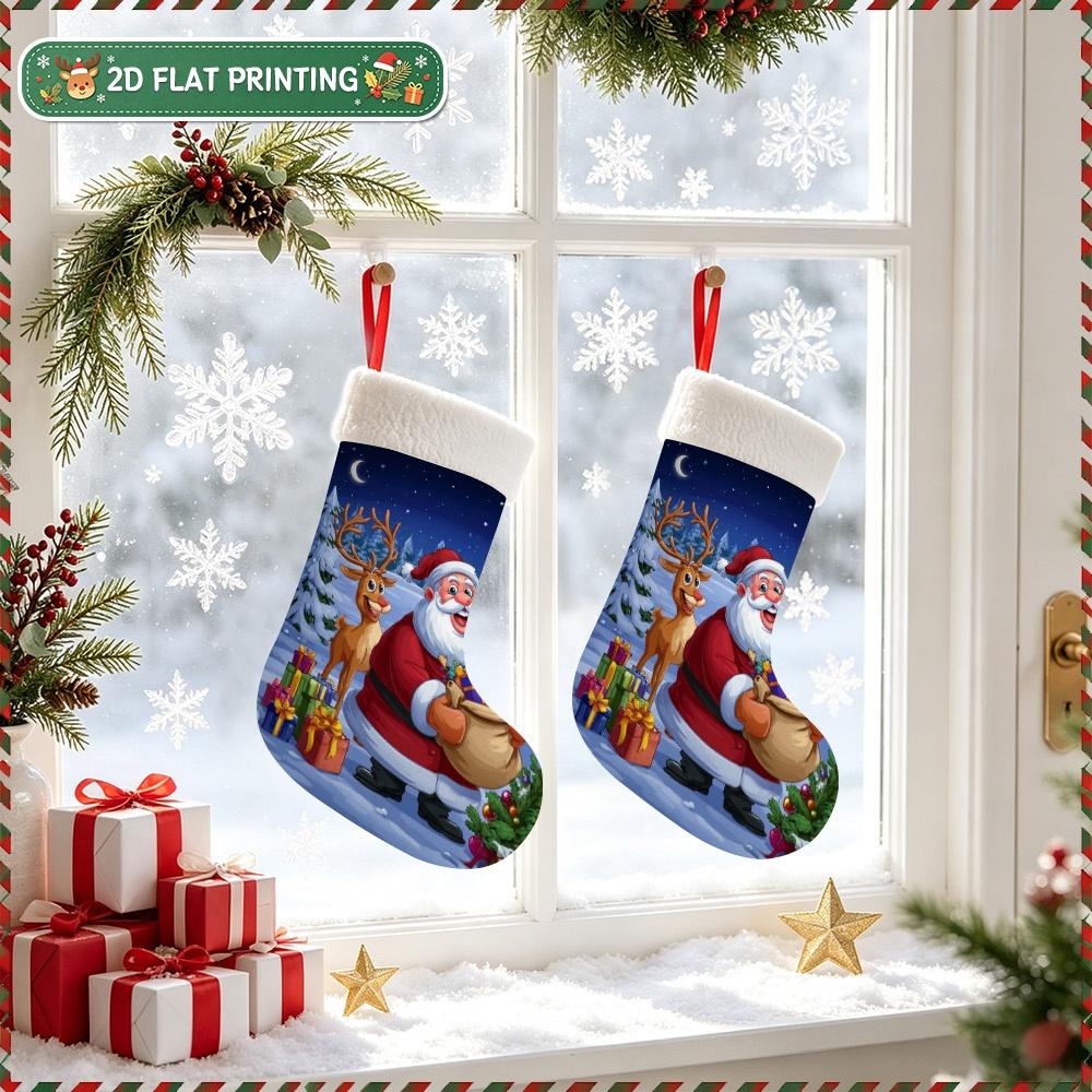 Christmas Decoration Fireplace Hanging Stocking 1pc 2D Flat Christmas Stocking with Santa Reindeer Snowy Scene Design Fe