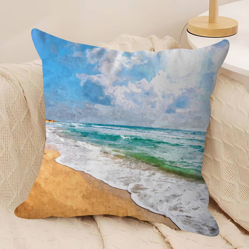 

Art Beach Maple Design Cushion Cover Happy Autumn Harvest Decor Holiday Decorati Pillow Cover 12x12Inch
