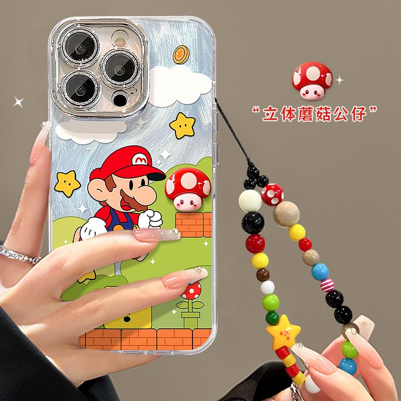 Mario Doll Bracelet for Apple 16 Feather Yarn Mobile Phone Case Xiaomi 14Pro Feather Yarn 15 Cute Cartoon 13
