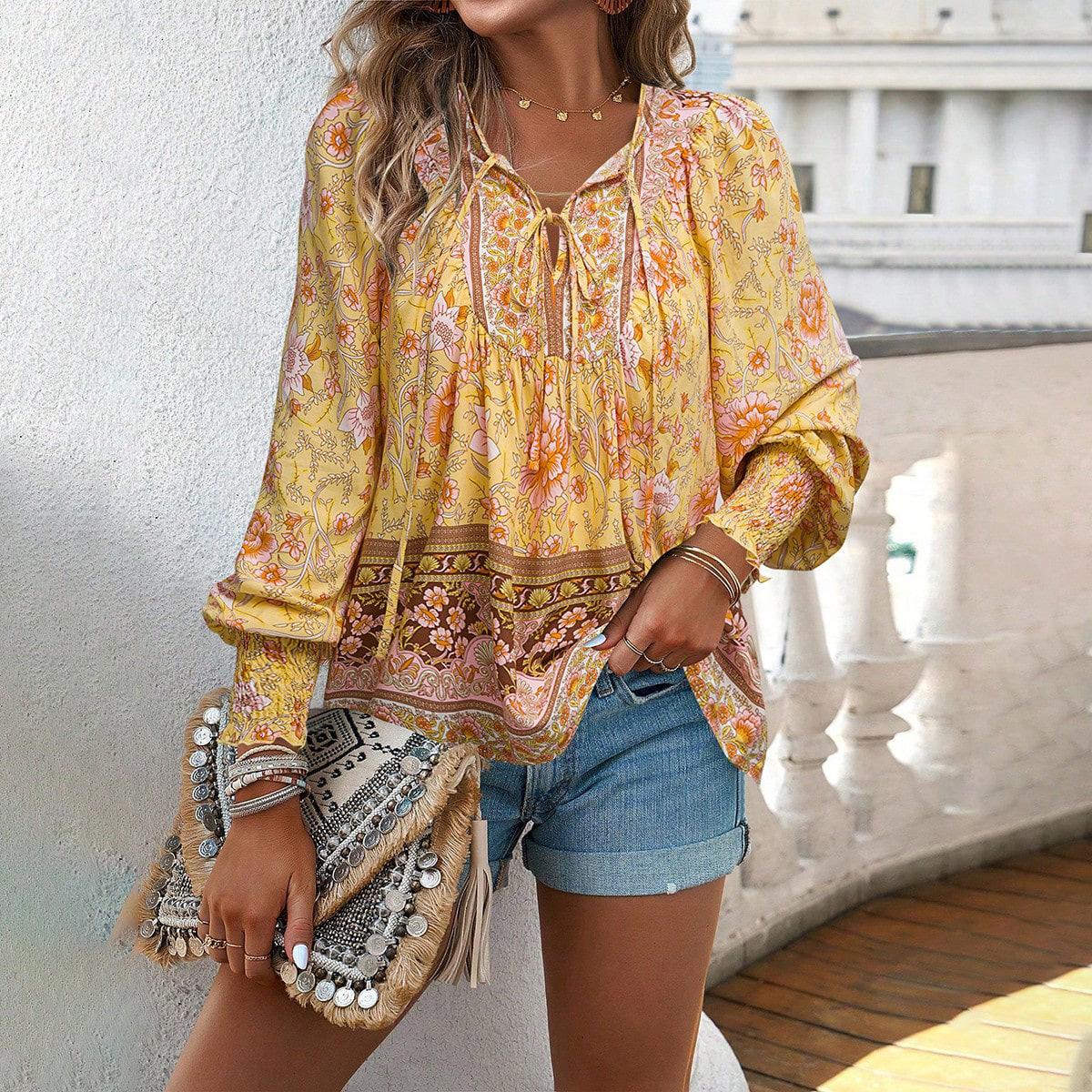 

2025 Spring/Summer Bohemian Vacation Style Cotton Print Lace-up Long-sleeved Top Shirt Women M жовтий