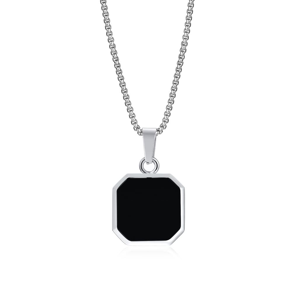 Vnox Mens Necklaces, Geometric Square Natural Stone Shell Pendant, Black Gold Color Stainless Steel Collar