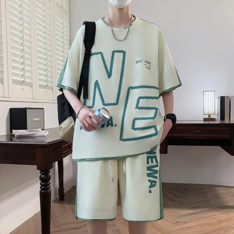 

Мужская повседневная свободная футболка Ice Silk с круглым вырезом и короткими рукавами, шорты, комплект из двух предметов 4XL слоновая кость