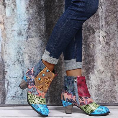 Women's Boots Large Size Increase Fashion Ethnic Style Casual Fashion Retro Stitching High-heeled Short Leather Boots
