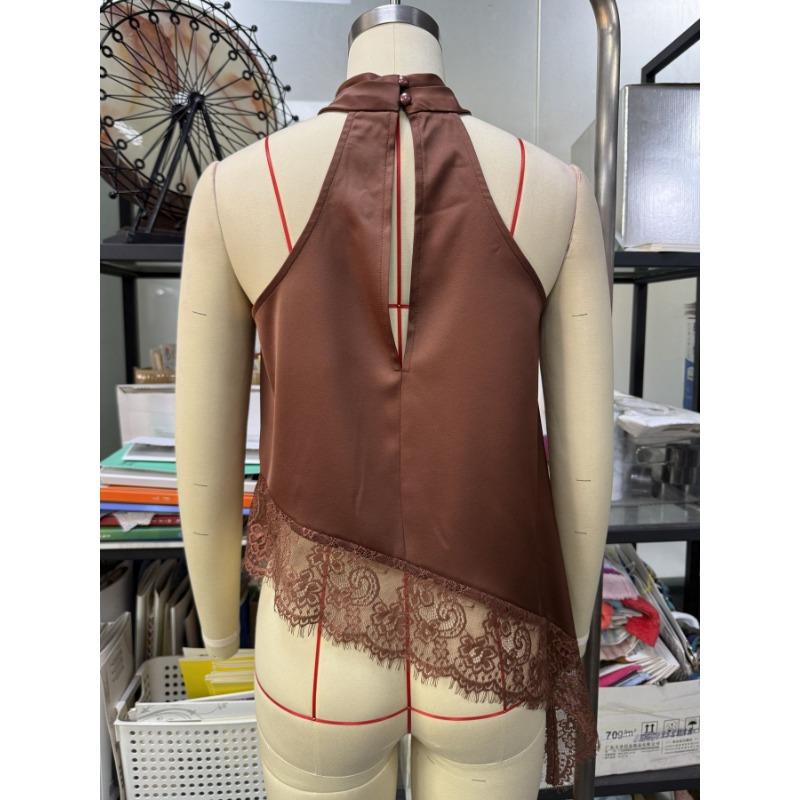 Summer New Women's Fashionable Sleeveless Satin Halter Neck Top with Lace Trim