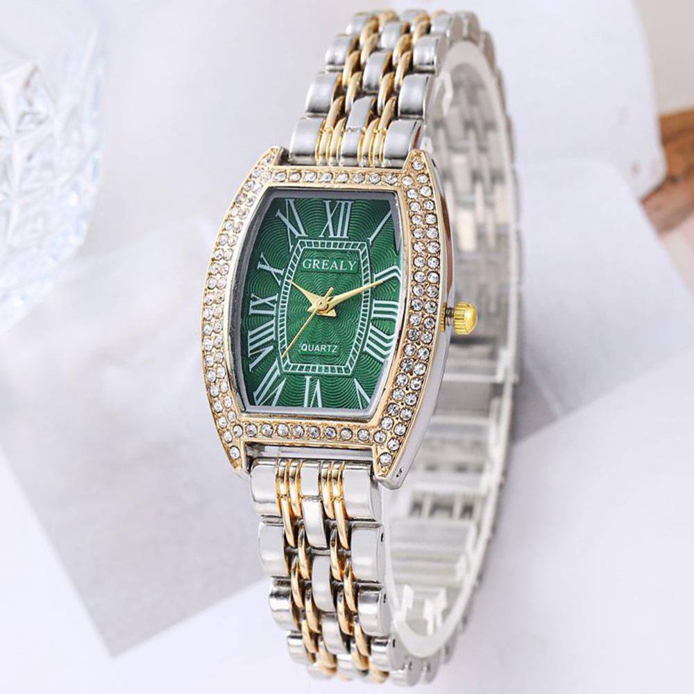 Luxus Damen-Armbanduhr mit Strass-Fass-Zifferblatt und römischen Ziffern - Modisch und lässig