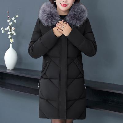 Winter Women Cotton Jacket with Furry Hood Neck Protection Plus Size Pockets Mid Length Zipper Closure Padded Coat Solid Color Windproof Outwear Parka