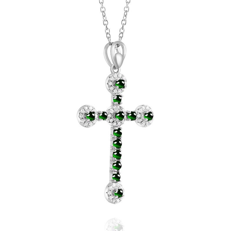 S925 Silber Inlay Natürliches Helles Grünes Jade Kreuz Anhänger für Männer und Frauen