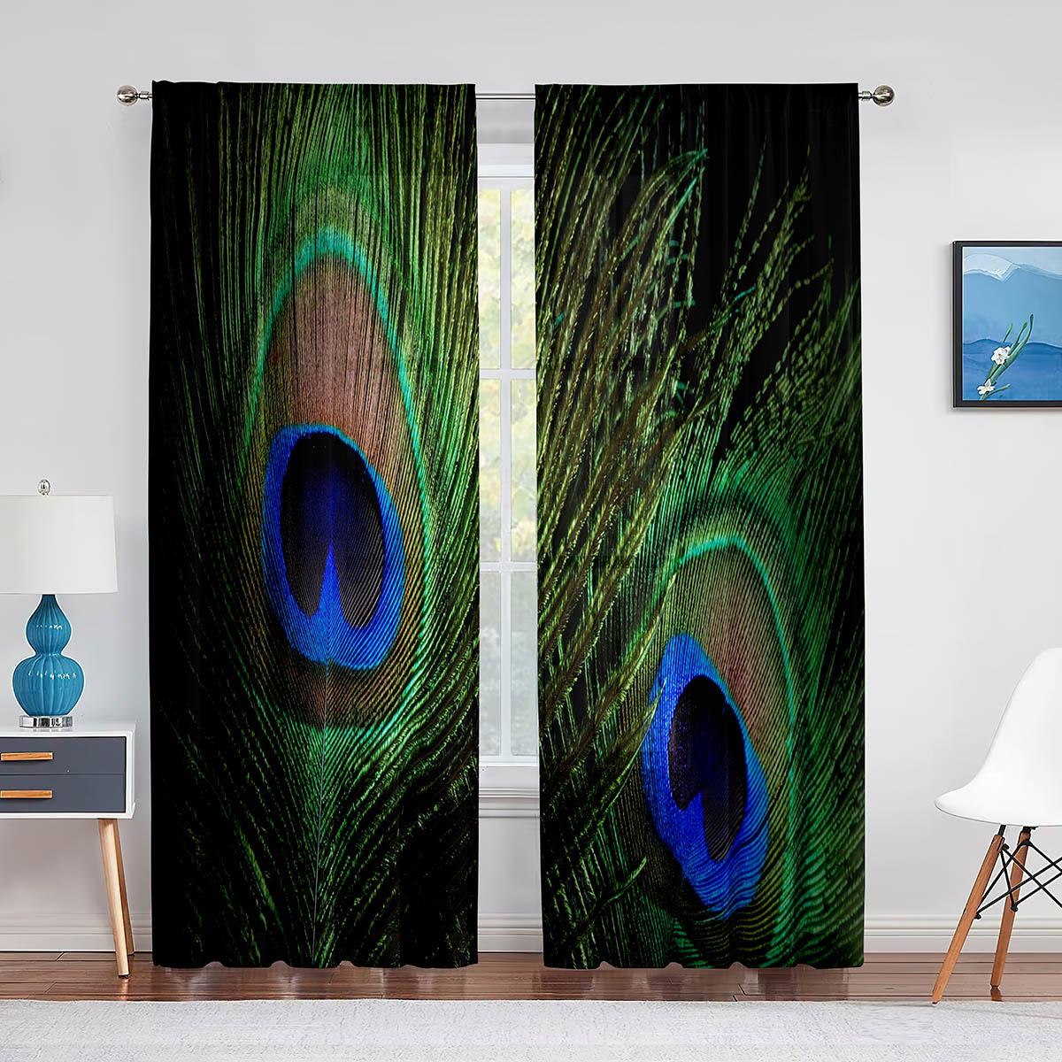 

Тюлевые шторы с портретом павлиньего глаза и хвоста для украшения гостиной, шифоновая прозрачная вуаль, занавеска для кухни, спальни 1 PCS W100XH250cm&Grommet Top