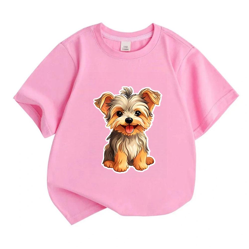 Cute Yorkie Puppy Graphic Kids T Shirt 100% Cotton Crew Neck Short Sleeve Tees for Boys Girls Casual Soft Breathable Animal Dog Print Summer Daily Top