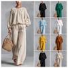 New Women's Solid Color Long-sleeved Suit Casual Cotton and Linen Lantern Sleeves Top and Trousers Two-piece Set