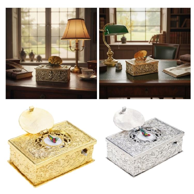 Cutie Muzicală Mecanică de Colecție cu Pasăre Cântătoare, cu Motive Frunze Embosate 3D, Decorațiuni Antice din Aliaj cu Acționare Mecanică pentru Evenimente Speciale