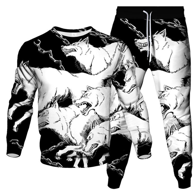 Spring Autumn Dazzle Wolf 3D Print Sportswear Set Casual T Shirt Pants 2-Piece Set Oversize Pullover Hip Hop Unisex Clothing