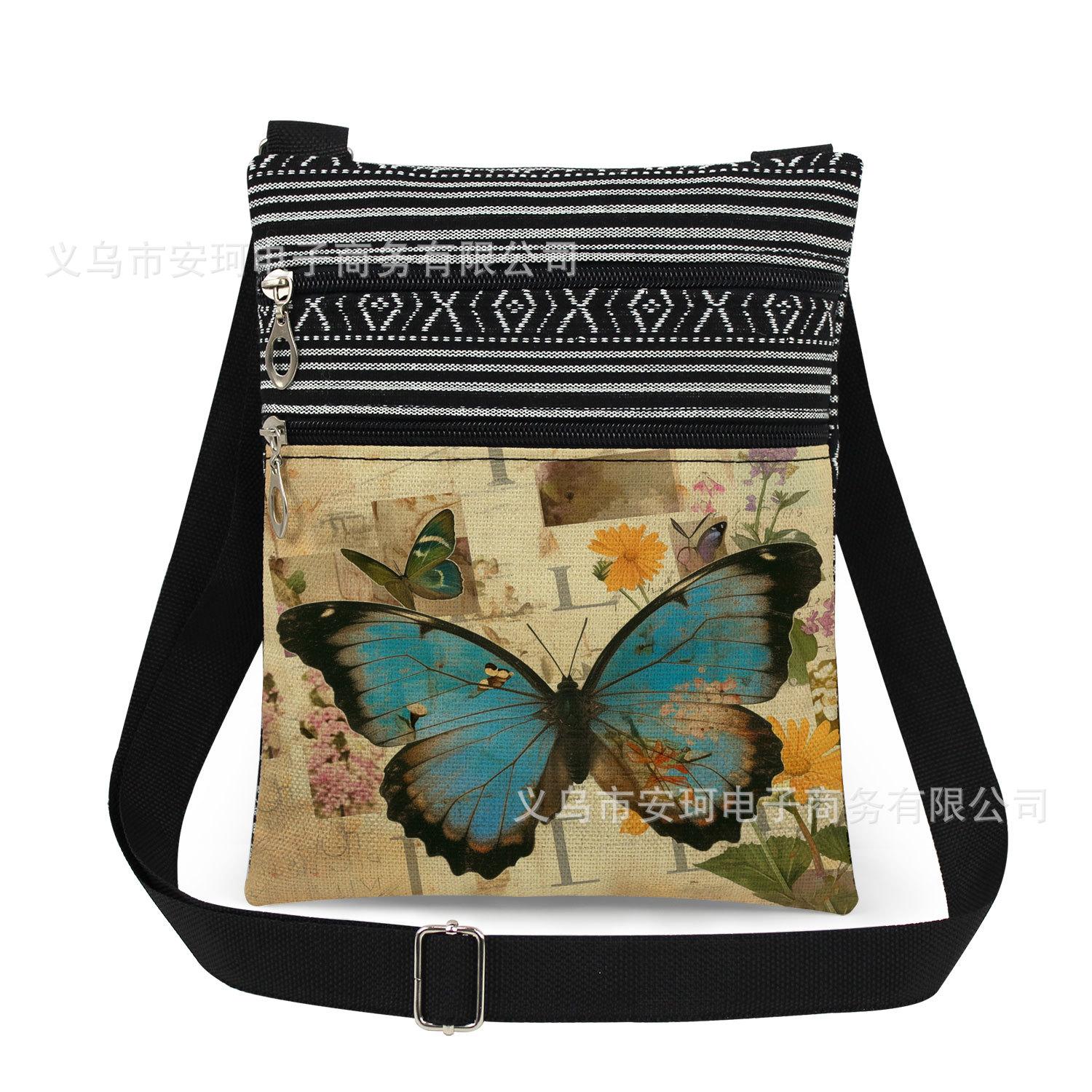 Double Zipper Butterfly Pictorial Printed Shoulder Bag, Ultra-Light Messenger Bag Adjusting Shoulder Strap Messenger Bag