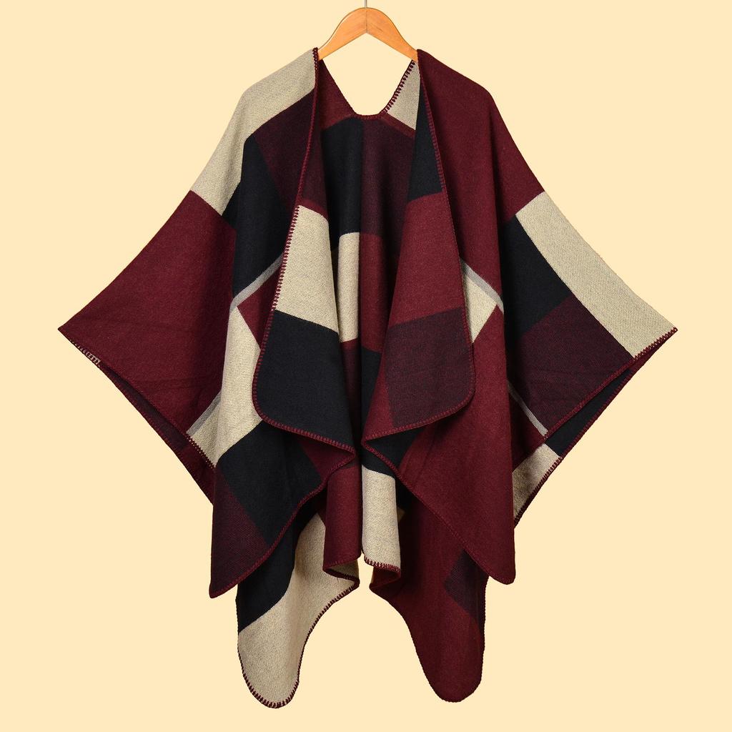 Versatile Plaid Women's Faux Cashmere Shawl: Ethnic Style Slit Cape for Autumn/Winter