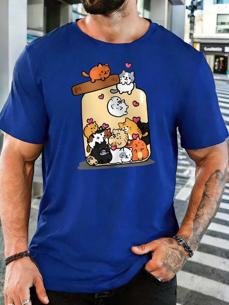 Cute Kittens In Glass Jar Unisexs Front Print T Shirt Lovely Cat Heart Cartoon Graphic Tee Casual Short Sleeve Top Cat Lover Gift
