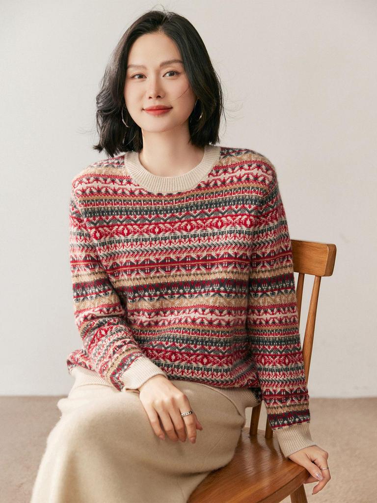 Design-Forward French Cable Knit Cashmere Sweater - Women's Loose Contrast Color Round Neck Knitwear for Autumn/Winter
