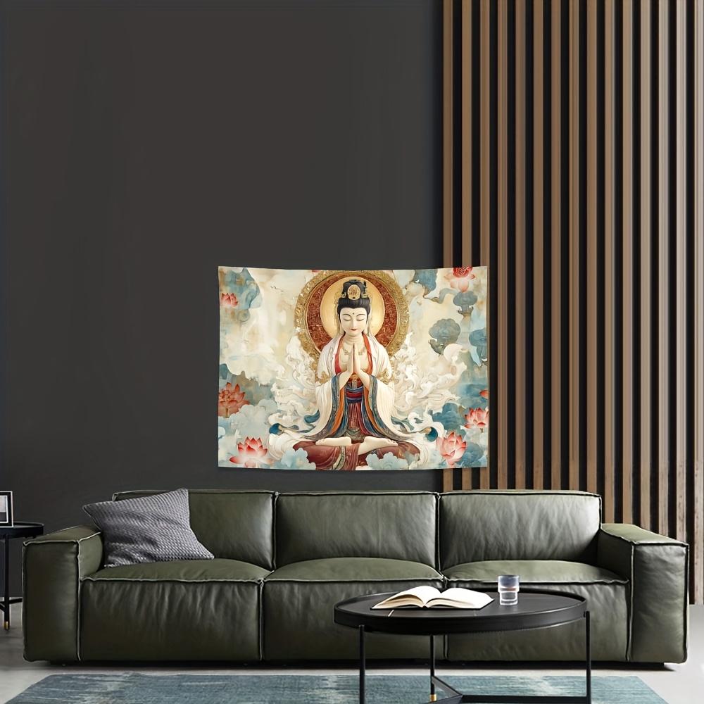 Gobelín Guanyin, Bohyně milosrdenství s lotosovými květy a svatozáří, Duchovní buddhistické umění Nástěnná dekorace do meditační místnosti