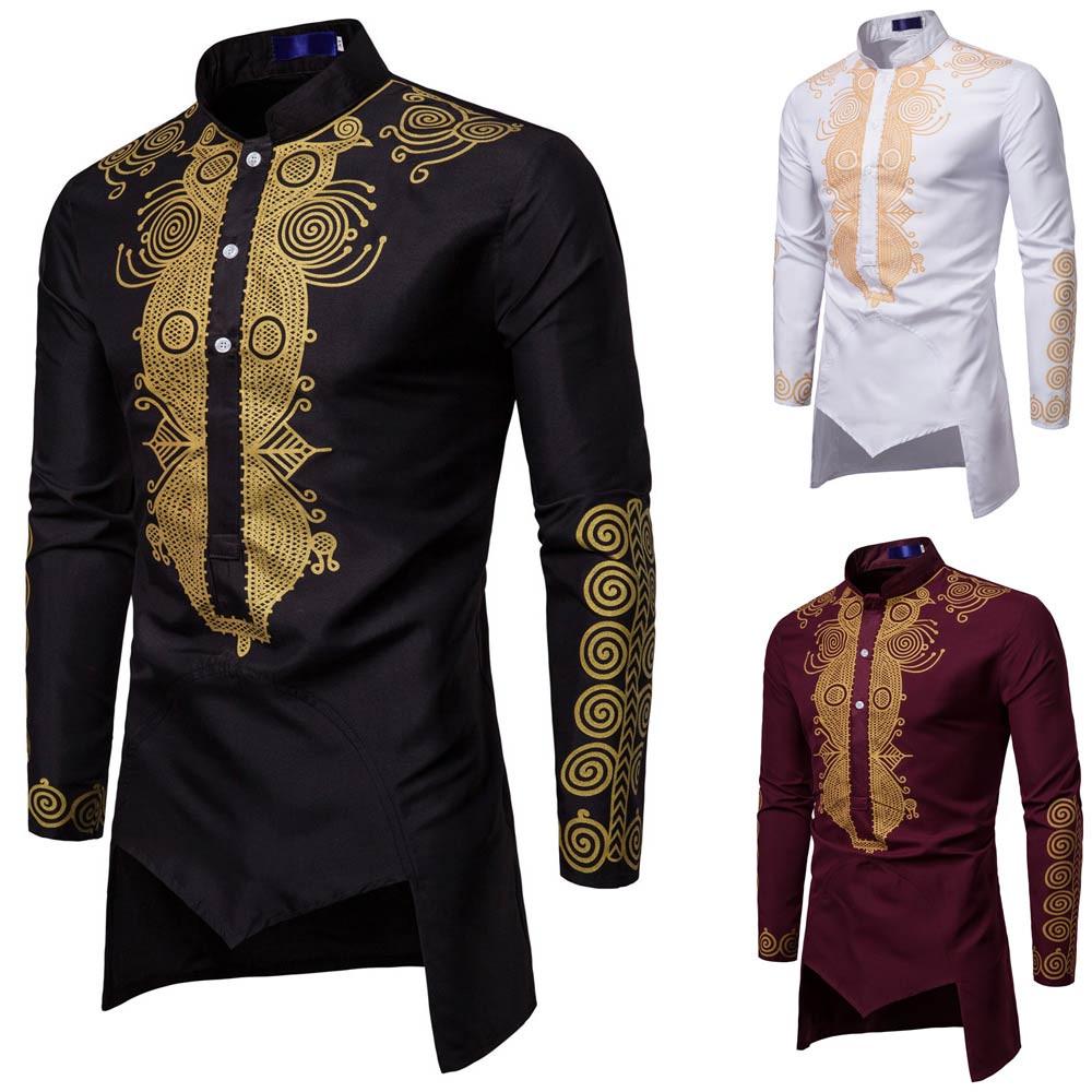 IC Luxury African Print Long Sleeve Dashiki Shirt Mens Autumn Winter Top Blouse