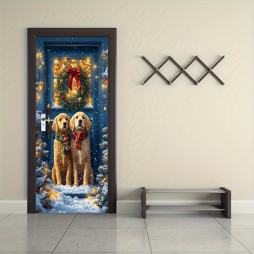 

1 piece of Christmas decoration door stickers with cute golden retriever pattern holiday stickers, home window glass decoration (as the picture,77x200cm)