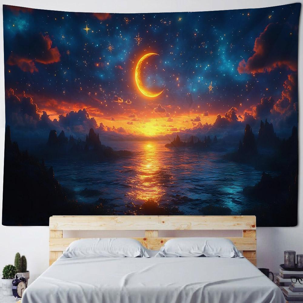Dreamy Starry Sky Landscape Tapestries Moon Stars Hippie Home Decor Bedroom Dormitory Wall Hangings Artistic Backgrounds