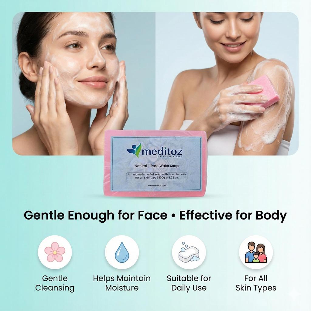 Meditoz Natural Rose Water Soap, Handmade Herbal Soap with Essential Oils, All Skin Types, (Pack of 2) 200g