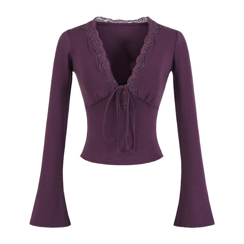 Women's Long Sleeve Lace Trim V-Neck Bell Sleeve Slim Fit Top for Autumn/Winter