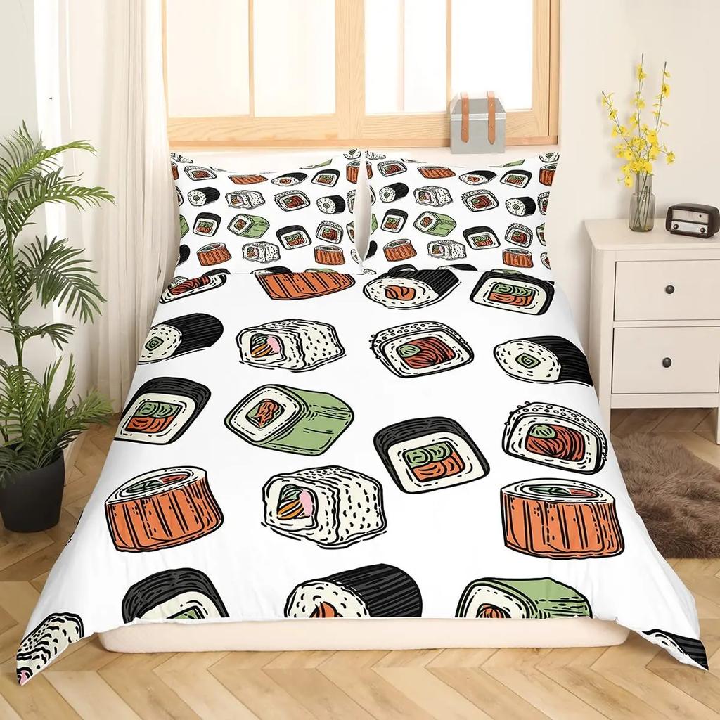 Sushi Comforter Cover,Kawaii Rice Printed Duvet Cover,Cartoon Sushi Food Bedding,Salmon Caviar Sushi Japanese Style Quilt Cover