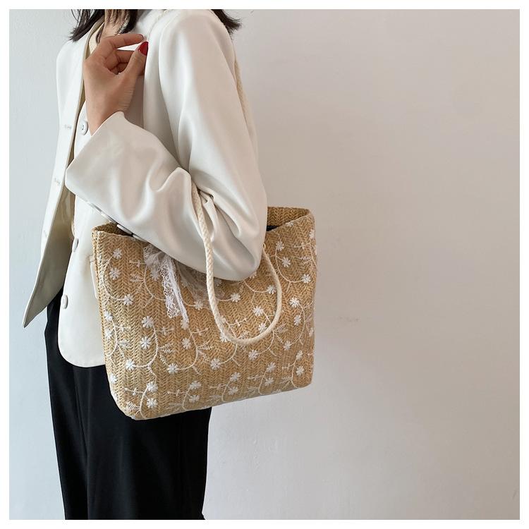 Summer New Korean Version Lace Straw Woven Large-capacity Tote Bag Portable Shoulder Shopping Bag Perfect for Everyday Use, Travel & Beach Outings